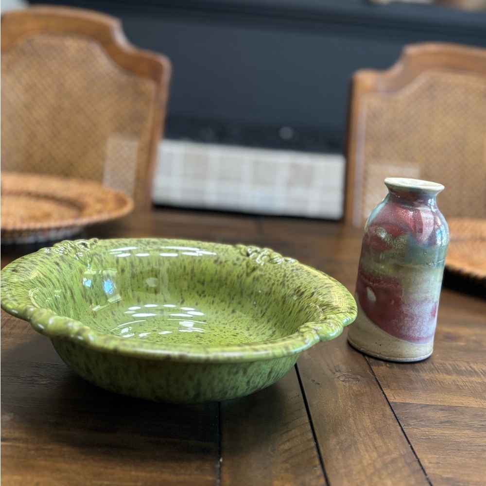 Vintage Royal Haeger Mcm green speckled stoneware pottery bowl 10 inches wide